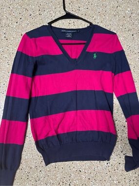Ralph Lauren Women's V-Neck Striped Sweater - Hot Pink & Navy